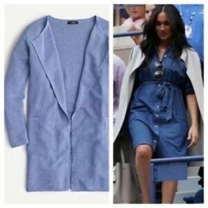 J. Crew Juliette Collarless Sweater Long Cardigan Linen Heathered Blue Sz S READ